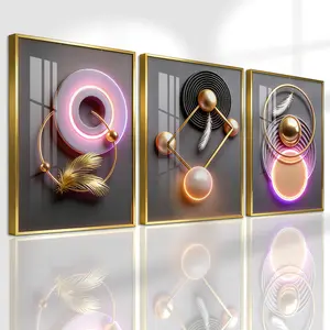 3 Counts Aluminum Alloy Framed Painting, Modern Geometric Feather Art Pictures, Home Decoration For Living Room, Bedroom, Office, Restaurant, Hallway Wall Decor, Odorless Print Artwork, Luxury Perfect Gift For Friends And Family