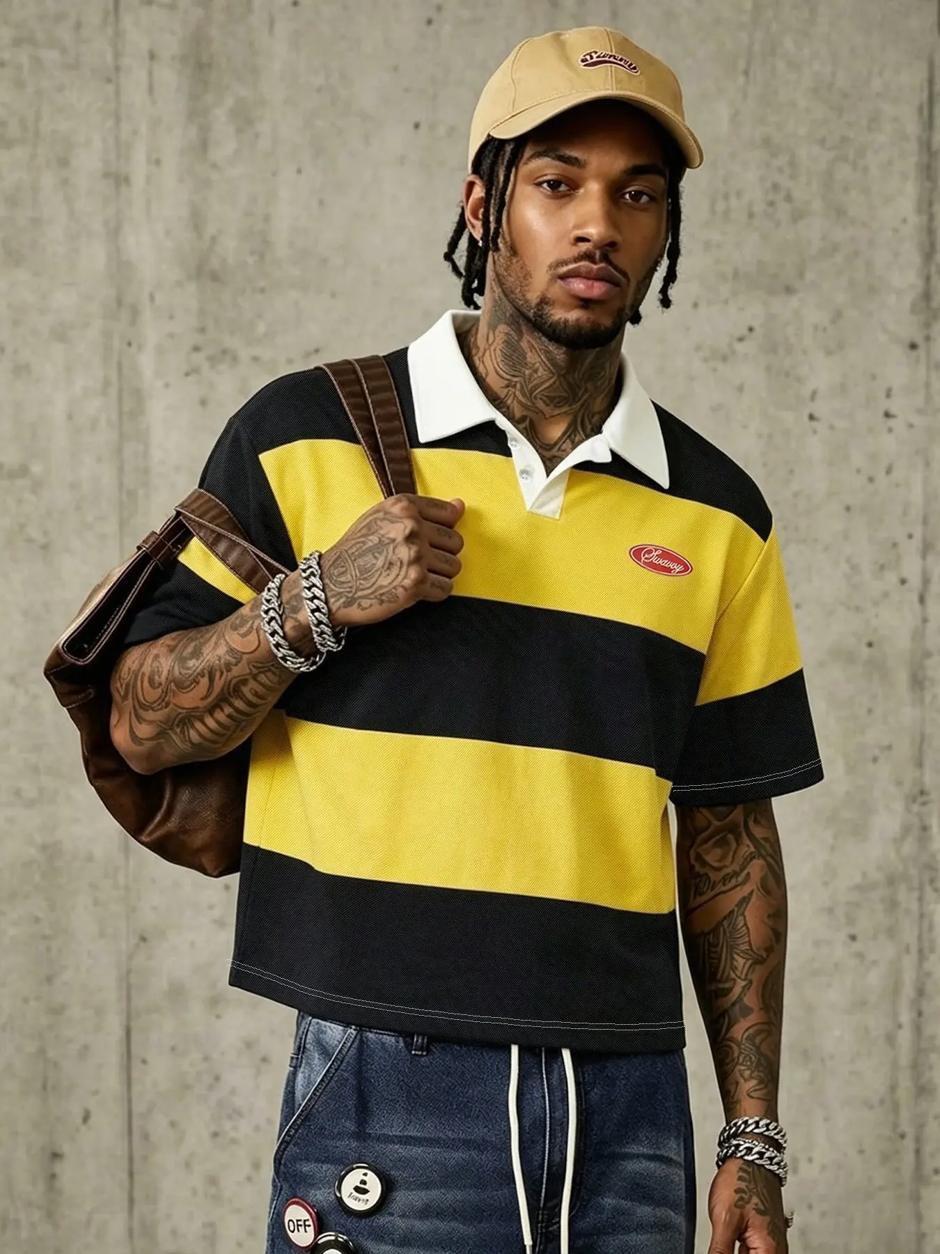 Men's Black & Yellow Striped Rugby Polo Style Shirt, Short Sleeve Collared Top with Logo Patch, Casual Streetwear Cropped Tee, Collared Polo Shirts, Summer Polo Shirts, Menswear
