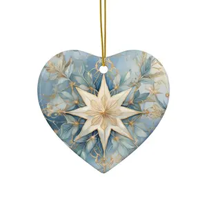 Vintage Light Blue & Gold Ceramic Ornament - Snowflake, Christmas Decor - Circle, Star, Heart and Oval Shapes