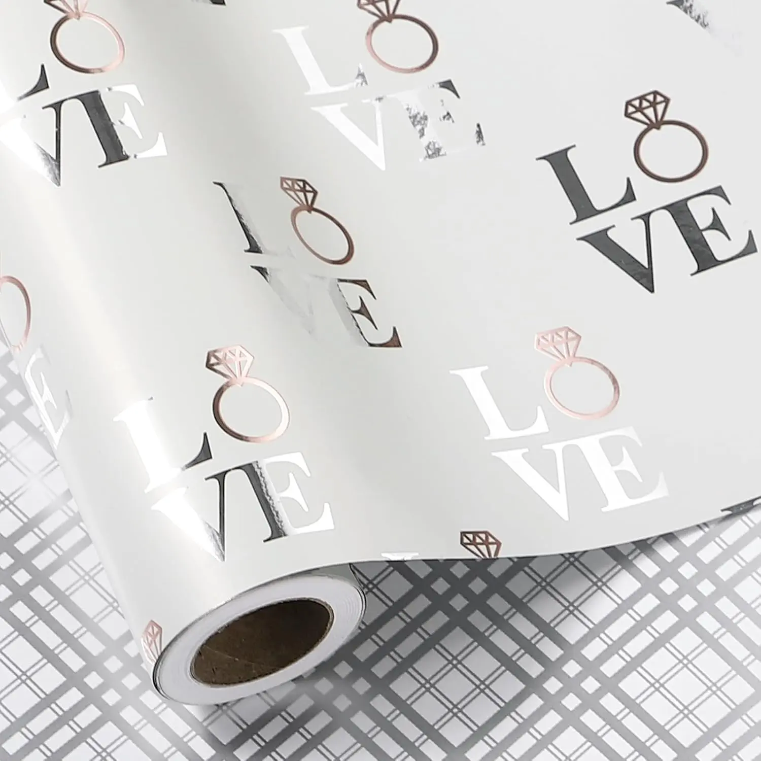 Double-Sided Roll Form Foil Wrapping Paper Roll - Modern Love Ring & Plaid Design, 17 in x 32.8 ft Foil Paper for Gold Wedding Bridesmaid Gifts & DIY Wedding Decorations, Durable Foil Paper