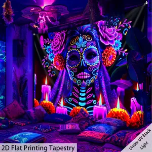 2D Flat, 1pc Extra Large Dia de los Muertos Tapestry - UV Glow in Blacklight, Mexican Sugar Skull Wall Hanging with Neon Purple/Blue/Pink/Orange/, Wrinkle-Resistant Polyester Fabric for Home, Party, or Day of the Dead Decorations - Easy Hang Indoor