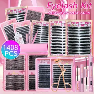 1408PCS Large Capacity Mixed Styles Cluster Eyelash Set, D Curl Design, DIY Personal Individual False Lashes Kit with Bond & Seal & Remover & Tweezers & Curler, Daily Use Party Use, False Lash Extensions for Women Eye Makeup Cosmetic