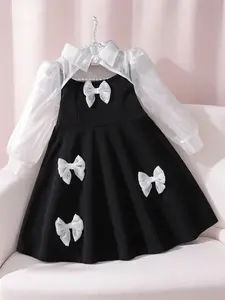 Elegant Aesthetic Bow Collar Long Sleeve Dress, Button Design, Bowknot, Sweet Style, Perfect for Daily Wear, Vacation, Party