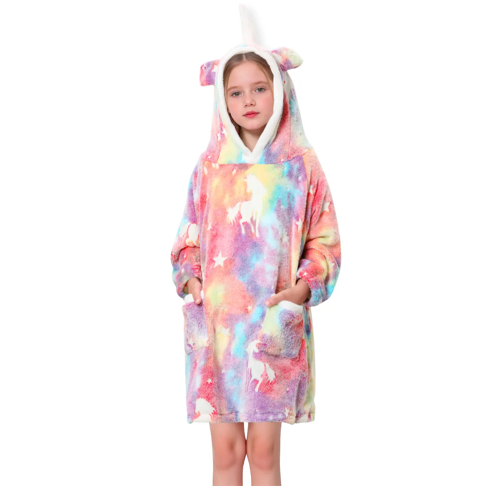 Kids' & Toddler Oversized Blanket Hoodie, Plush Flannel All Over Print Pajamas, Long Sleeve Wearable Loungewear with Pockets, Wearable Blanket Hoodie, Reading, Ages 2-10, Cute Hats, Walking, Sons, Daughters, Two Front Pockets