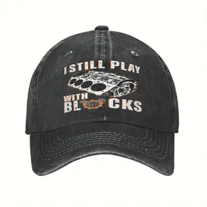 I Still Play with Blocks Funny Mechanic Baseball Cap for Men - Adjustable Black Denim-Style Hat with Engine Block Letters, Rugged Casual Automotive Apparel for Car Enthusiasts