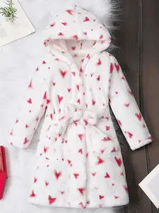 Kids White Red Heart Print Soft Flannel Hooded Bathrobe for Girls, Ideal Kids Girl Stuff & Kids Stuff for Girls, Cozy Skin-Friendly Kids Clothing Girls, Trendy Teen Girl Clothes, Sizes 2-12Y