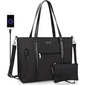 Laptop Tote Bag for Women 17 Inch, Teacher Bag with Compartments Large Work Tote Bag with USB Port Laptop Purse Professional  Bag Business Office Work Organized Bag with  Straps (2pcs)