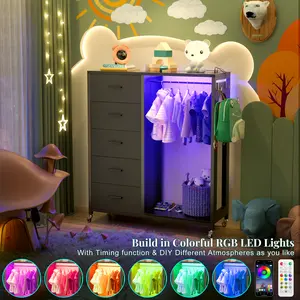 Unikito 5-Drawer Dresser with Clothes Rack & Full-Length Mirror, Multi-Functional Storage Cabinet with LED Lights, Charging Station (3 Outlets + 2 USB), Removable Wheels, Left/Right Configurable for Bedroom, Living Room, Entryway