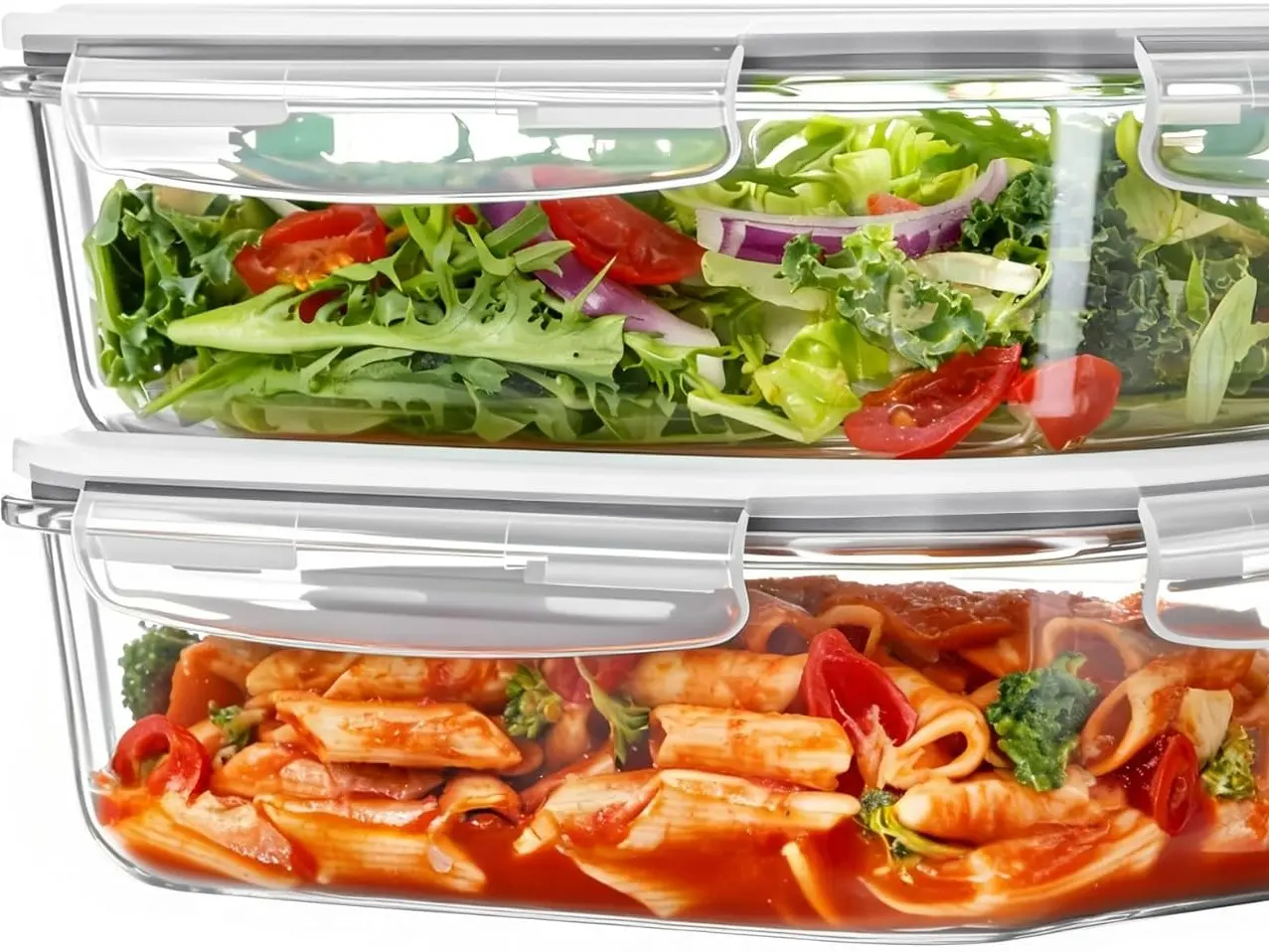 2-Pack Large Glass Food Storage Containers (1500ml/50.7oz) with Grey Snap Airtight Leak-Proof Lids, Meal Prep Set for Baking, Microwave, Oven, Freezer, Dishwasher