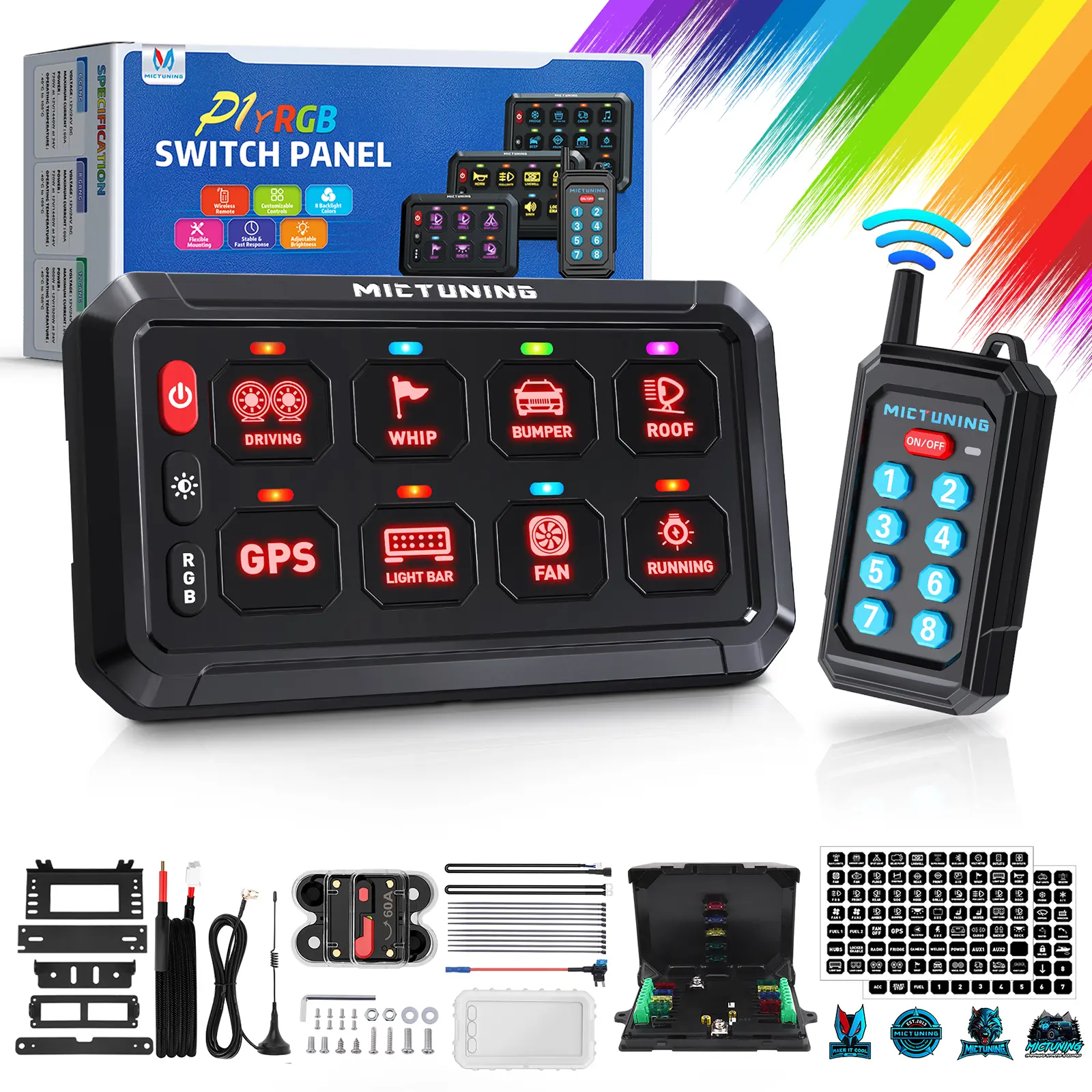 MICTUNING P1Y Wireless Remote Switch Panel 6/8/12 Gang LED Control Box RGB Backlight Relay System for Truck Jeep Car Boat UTV with 230ft Range & IP65 Waterproof - Lighting