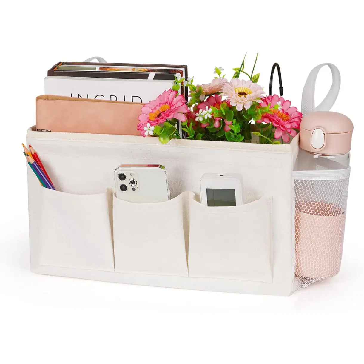 Bedside Caddy Bedside Organizer Bedside Storage Caddy with Fixed Straps and Water Bottle Holder for Home College Dorm Bunk Bed Hospital Bed Crib Bed Rails (White)