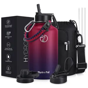 HydroPal Half Gallon Water Bottle with 2 Lids(Chug Lid and Straw Lid)，64oz Insulated Water Bottle with Straw, Wide Mouth Double-wall Vacuum Thermo with Paracord/Protective Carrier Boot