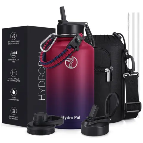 HydroPal Half Gallon Water Bottle with 2 Lids(Chug Lid and Straw Lid)，64oz Insulated Water Bottle with Straw, Wide Mouth Double-wall Vacuum Thermo with Paracord/Protective Carrier Boot #Summervibes