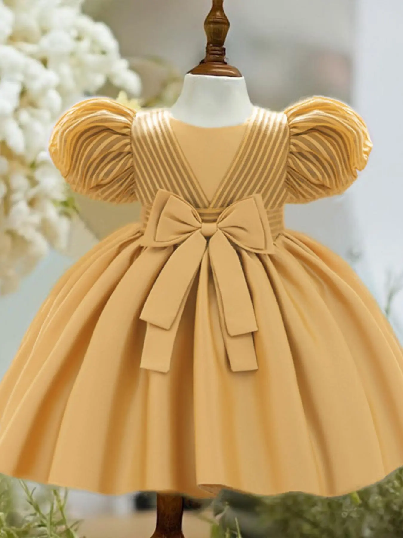 Baby Girl's Solid Big Bow Decor Puff Sleeve Satin Princess Dress, Lovely Bow Dress, Cute Romantic Baby Girl's Solid Big Bow Decor Puff Sleeve Satin Princess Dress, Lovely Bow Dress, Cute Romantic