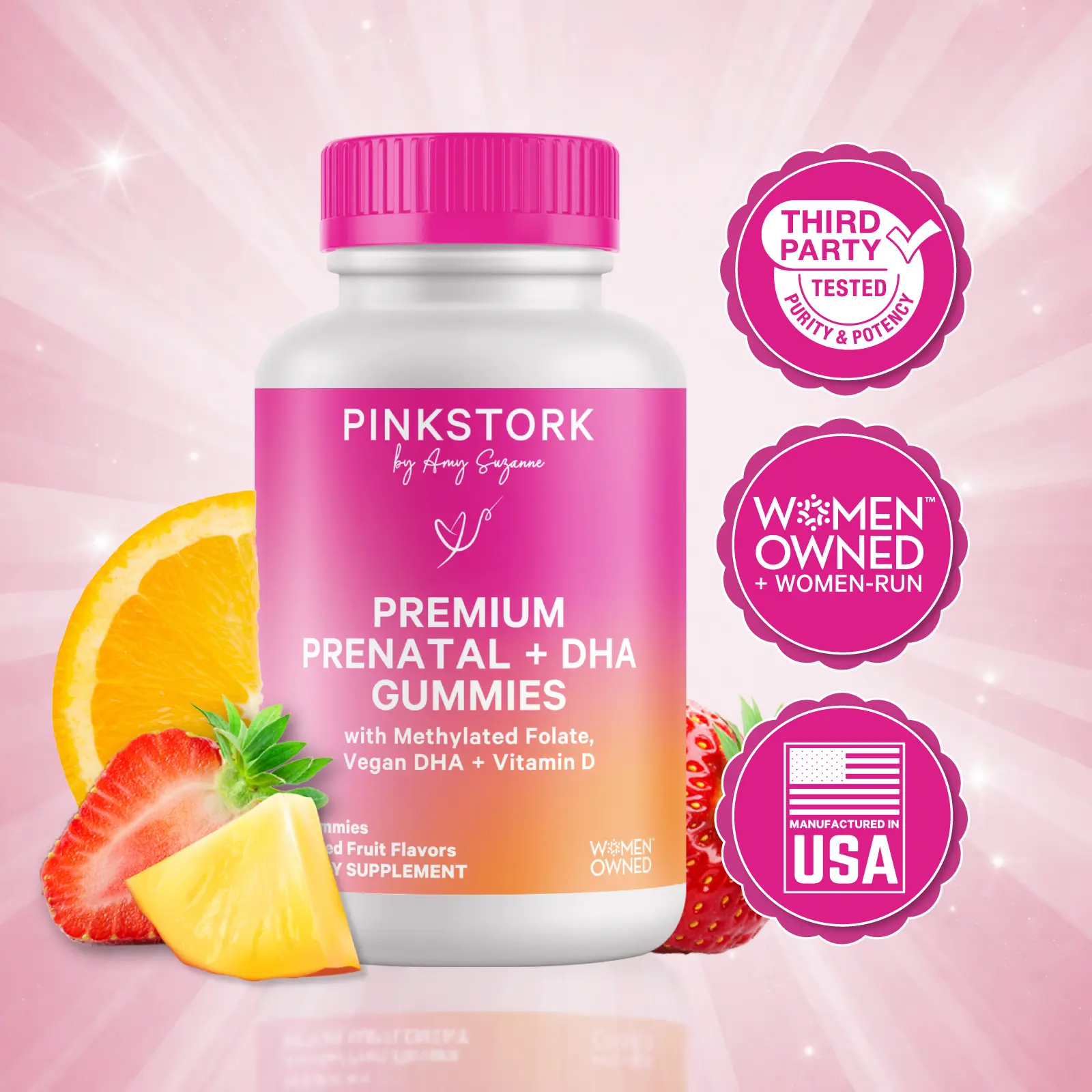 Pink Stork Premium Prenatal Gummy Vitamins for Women - 1 Month Supply with Folate Vegan DHA & More 60 Gummies Assorted Fruit Flavors - Plant Based Supplement