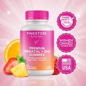 Pink Stork Premium Prenatal Gummy Vitamins for Women - 1 Month Supply with Folate Vegan DHA & More 60 Gummies Assorted Fruit Flavors - Plant Based Supplement