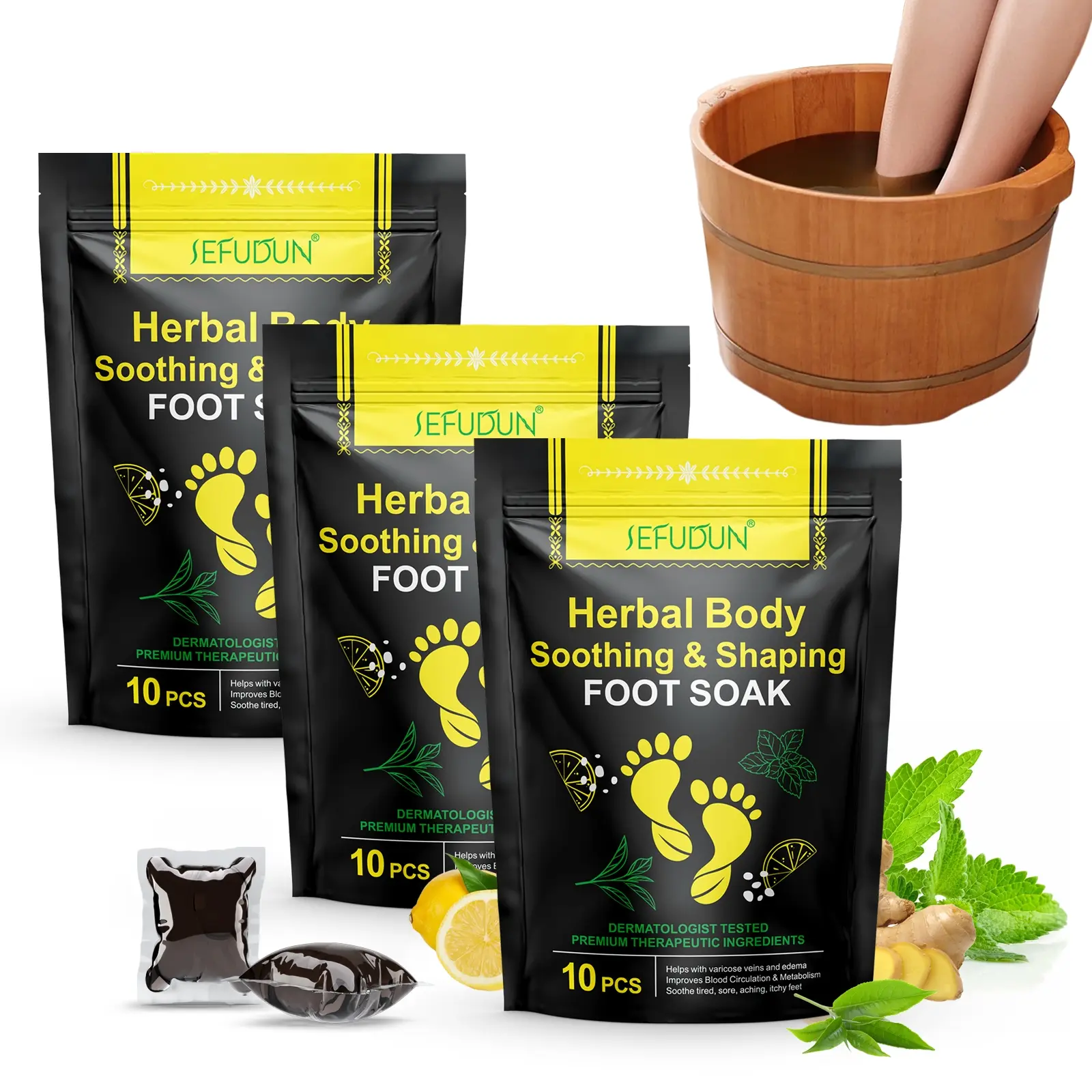 3 Pack Sefudun Herbal Foot Bath Beads, 10 Pieces Per Bag, Promotes Circulation, Relieves Foot Fatigue, Home Use, High Quality Ingredients