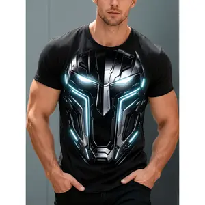 Mens Cyberpunk Mecha Mask T-Shirt - Futuristic Sci-Fi -Compatible Suitable for Daily Wear, Outdoor & Themed Events, Breathable Crew Neck Tee with Mecha Print, Machine Washable Regular Fit for Gamers And, PLUS SIZE