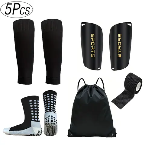 Unisex Football Kits 5-Piece Black Set - Breathable Youth Football Sports Protection, Includes Shin Guards, Non-Slip Grip Socks, Self-Adhesive Bandages, Carry Bag for Training, Matches, Soccer Accessories