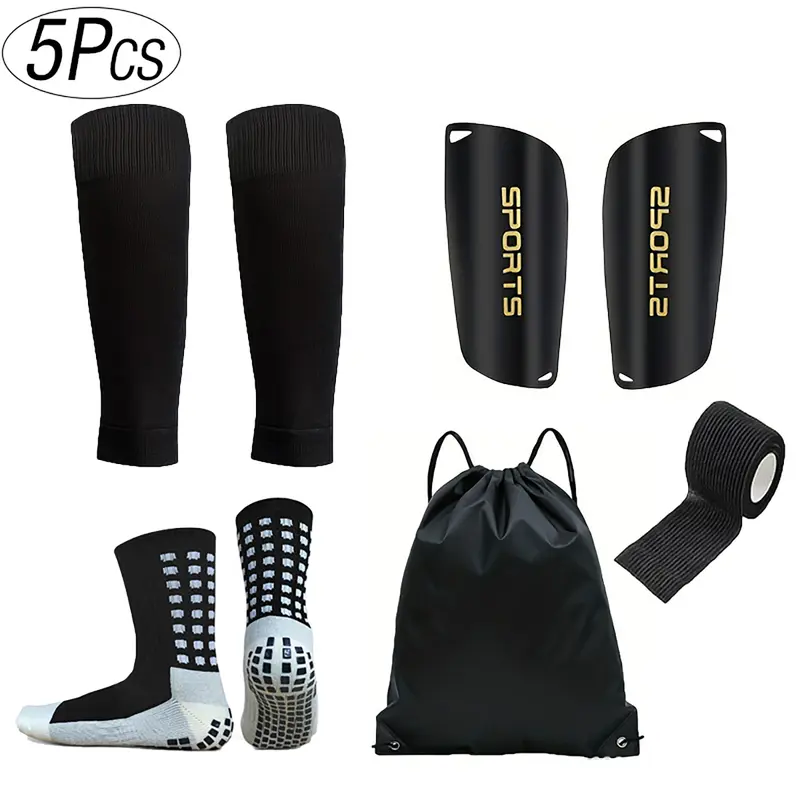 Unisex Football Kits 5-Piece Black Set - Breathable Youth Football Sports Protection, Includes Shin Guards, Non-Slip Grip Socks, Self-Adhesive Bandages, Carry Bag for Training, Matches, Soccer Accessories
