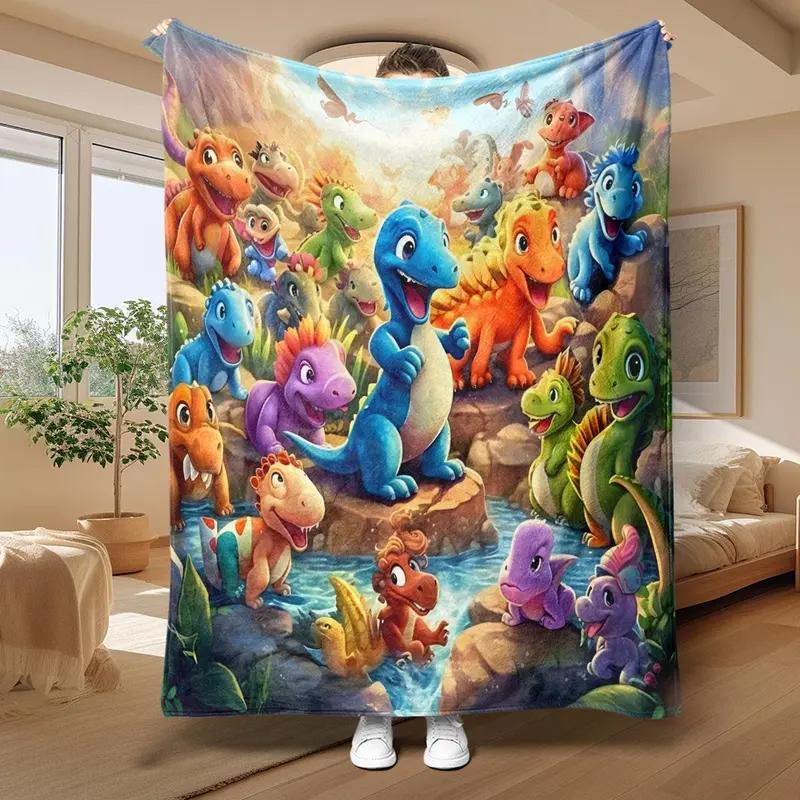 Soft Funny Throw Blanket Cartoon Dinosaur Print Pattern Flannel Blanket, Soft Comfortable, Cool Bedroom Bedding Blankets for Home Office Travel Camping, Kid Blanket