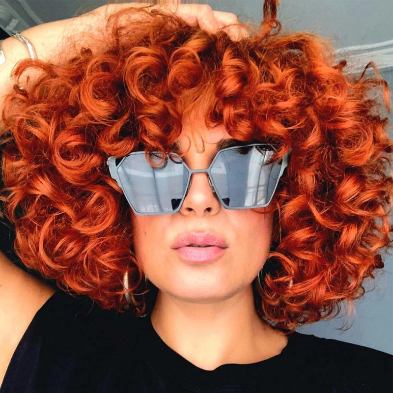 Junoda-Kiqibeauty Short Curly Bob Wig with Bangs Full Machine Made Human Hair Wigs for Black Women (Curly wig with bangs, Orange)