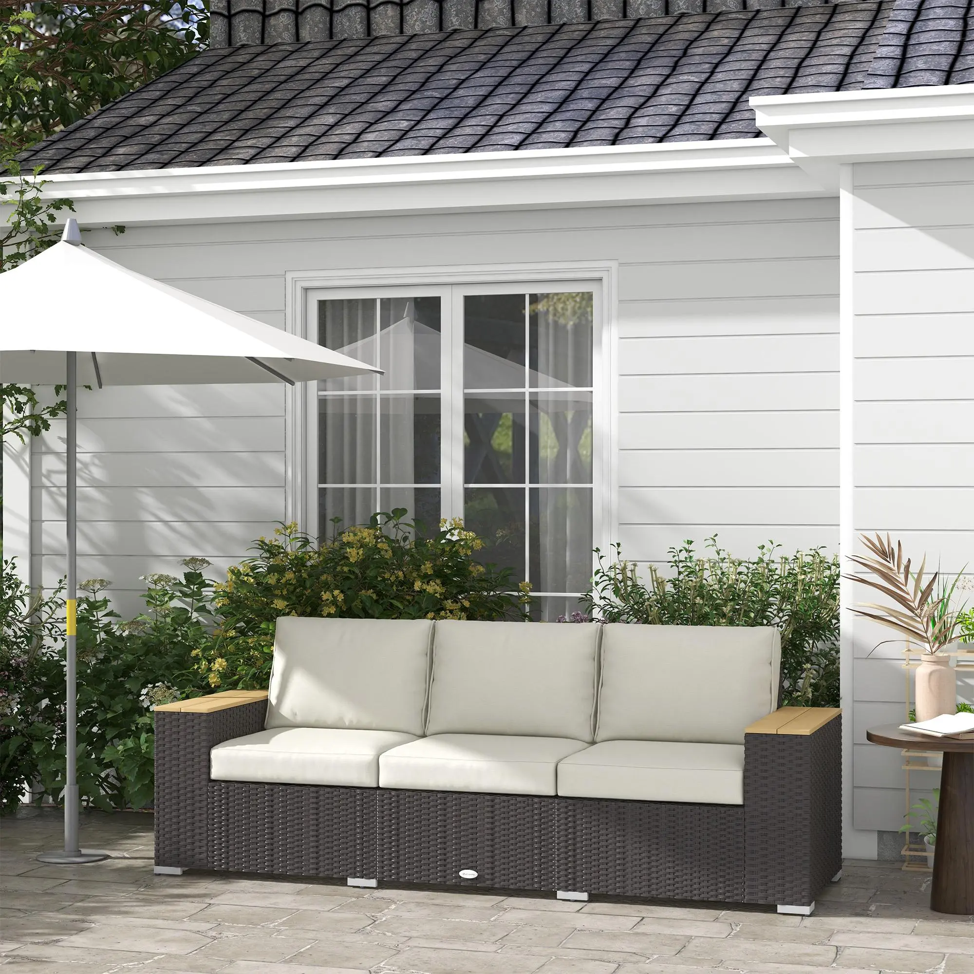 Outsunny 3-Seater PE Wicker Outdoor Deep Seating Sofa, Patio Furniture Piece with Removable Cushions for Garden, Balcony, Three Seats, With Cushion