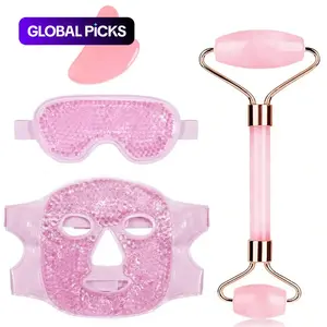 Facial Cold Compress Set + Facial Roller Gua Sha Board Suitable for Facial Cooling and Skin Detoxification, with Essential Oil Facial Massage Stretching Lift, Perfect Gift for Ladies, Facial Care Tool