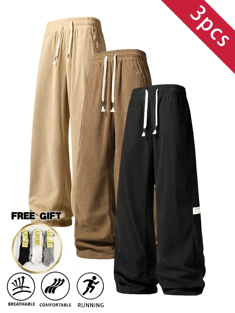 3PCS men’s corduroy wide-leg pants, elastic drawstring waist design, loose fit, includes socks, soft and breathable, comfortable for running, suitable for all seasons, street style outfit