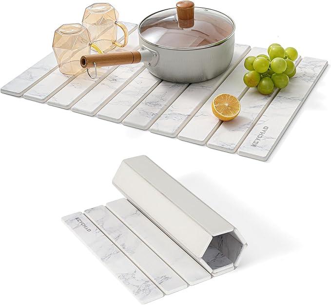 Large Stone Dish Drying Mat - 24" × 16"  for Kitchen Counter, Super Absorbent, Heat Resistant Dish Drying Mats, Eco-Friendly Diatomaceous Earth Stone Rack Tableware Mat ( White Marble) Coasters Stainless Steel Kitchenware