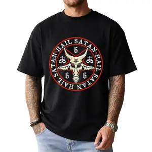 Men's Oversized Loose Unisex Hoodie Sweatshirt - Dark Style Graphic Short-Sleeve Top with Red Inverted Cross & Baphomet Print, Casual Streetwear Fabric for Halloween Outdoor Wear