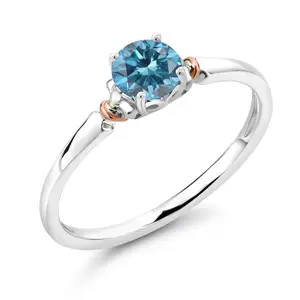Gem Stone King Blue Lab Grown Diamond Solitaire Engagement Ring for Women | 2-Tone 925 Silver and 10K Rose Gold | 0.50 Cttw | Round 5MM | April Birthstone | Anniversary Promise Ring for Her