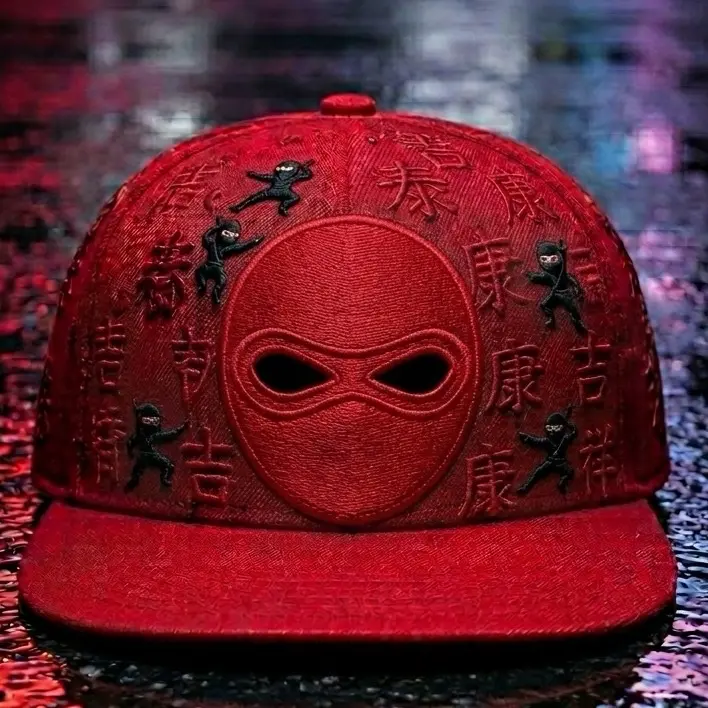 Red Ninja Eye Snapback Hat with Embossed Characters and Adjustable Fit for Urban Style