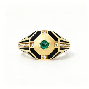 Vintage-style synthetic emerald cocktail ring with high-temperature-set black enamel. This signet-style ring exudes vintage elegance and is perfect for everyday stacking. A delicate, three-dimensional collector's piece.