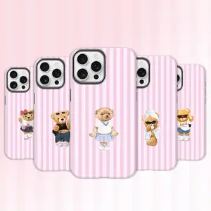 Teddy Bear in Macaron Pink Stripes for iPhone Samsung Galaxy Case iPhone 17Pro Max Air 16E 15Plus 14 13 12 11 XR XS S25 S24 S23 S22 S21 Phone Case, Protective Silicone Cover, Protection Durable, Shockproof Drop, Advanced Anti-Scratch Silicone.WC75