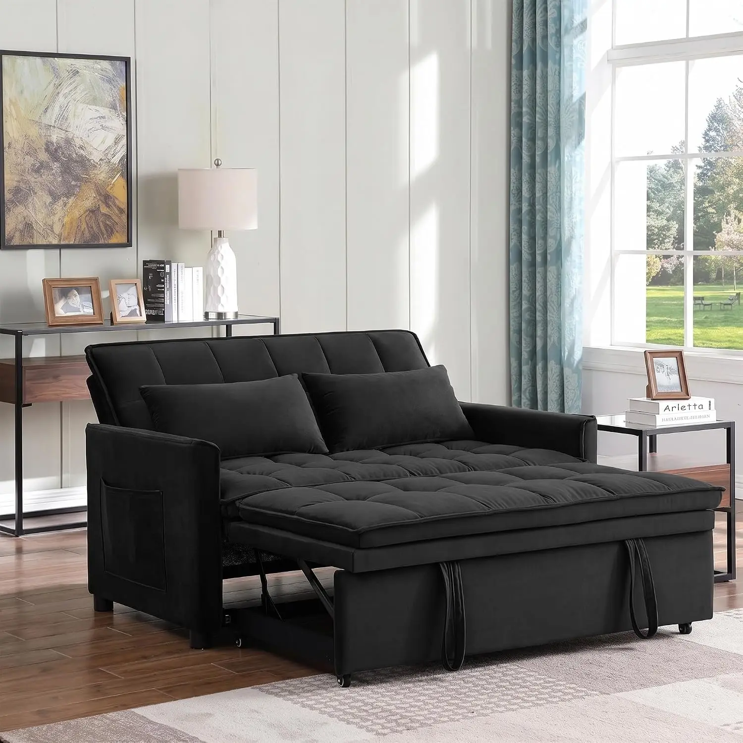 50 Inch Pull-Out Sleeper Sofa Bed, Convertible Velvet Loveseat，3-in-1 convertible design with 5-position adjustable backrest, side storage pocket ，Black