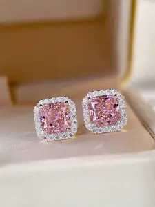 1 Pair Elegant Pink Cubic Zirconia Stud Earrings For Women For Wedding Engagement Anniversary Party Jewelry Valentine's Day Gift Ear Studs