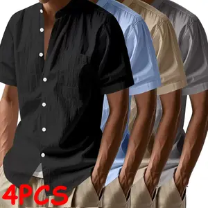 Solid color plain short-sleeve button-up shirt, regular fit casual comfortable top for summer, men’s clothing for daily wear, pajamas, loungewear, menswear everyday