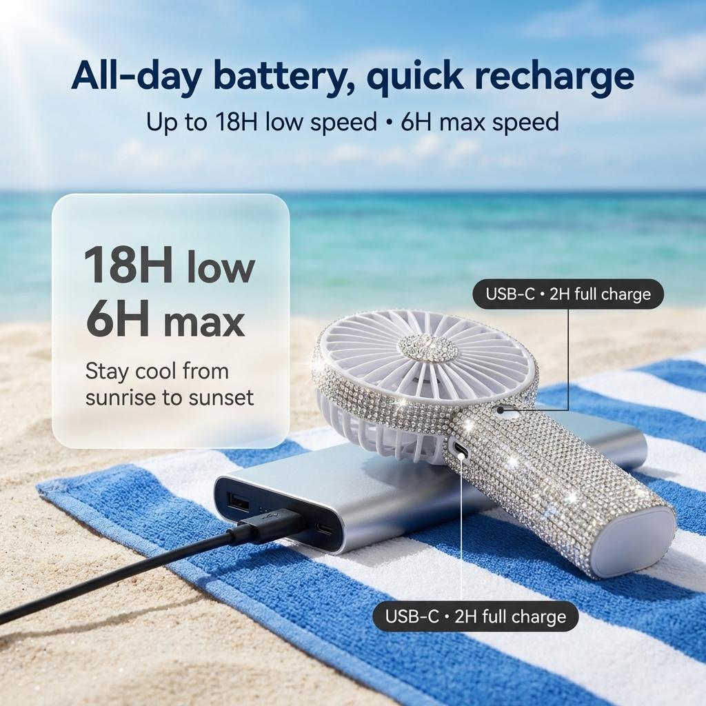 Portable Handheld Mini Fan, Bling Rhinestone, 17000RPM High Speed Personal Cooling Fan, 2400mAh Rechargeable Battery 6-18H Runtime, USB-C Fast Charge, Pocket Size for Wedding, Travel, Commute, Outdoor, Summer Gift
