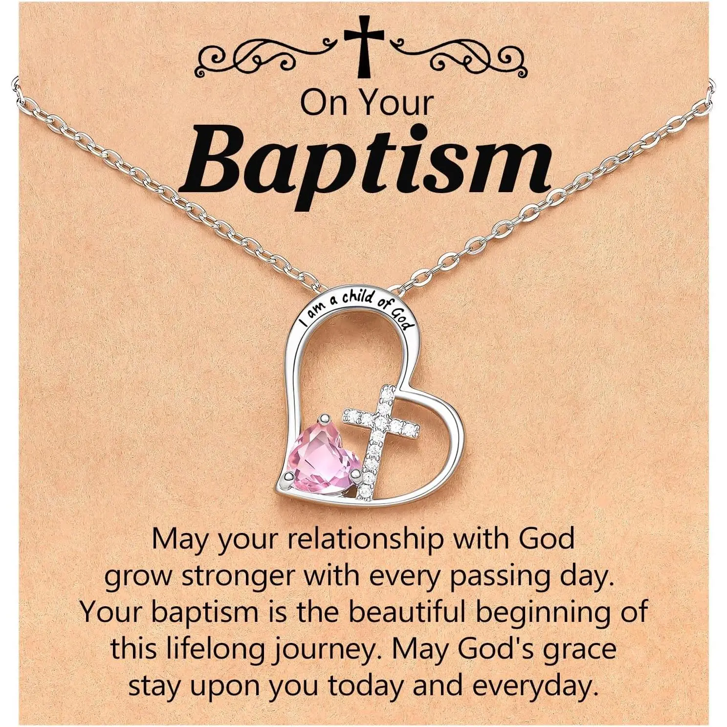Girls' Artificial Gemstone "I Am A Child of God" Heart Cross Faith Pendant Necklace with Cross-Link Chain, Ideal for First Communion, Baptism Gifts