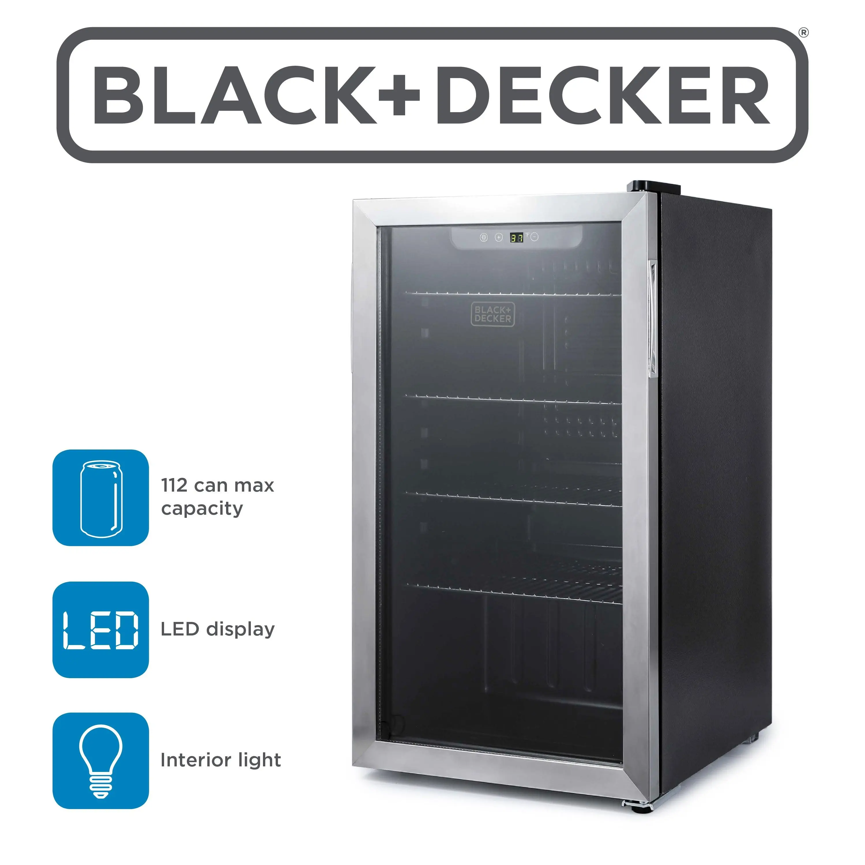 BLACK+DECKER 3.3 Cu. Ft. Beverage Fridge, Stainless Steel Exterior with Double Pane See-Through Glass Door, Reversible Door, 112-Can Capacity, Digital LED Thermostat Controls for Home Bar, BDB31HS