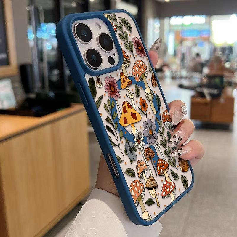 Mushroom & Wildflower Print Phone Case  Add A Touch Of Forest Charm & Playful Warmth To Your Daily Device Featuring Built-In Strong Magnet Ring Blending Smooth Macaron Texture With Secure Magsafe Compatibility For iPhone 17 16 15 14 13 12 11 X XS