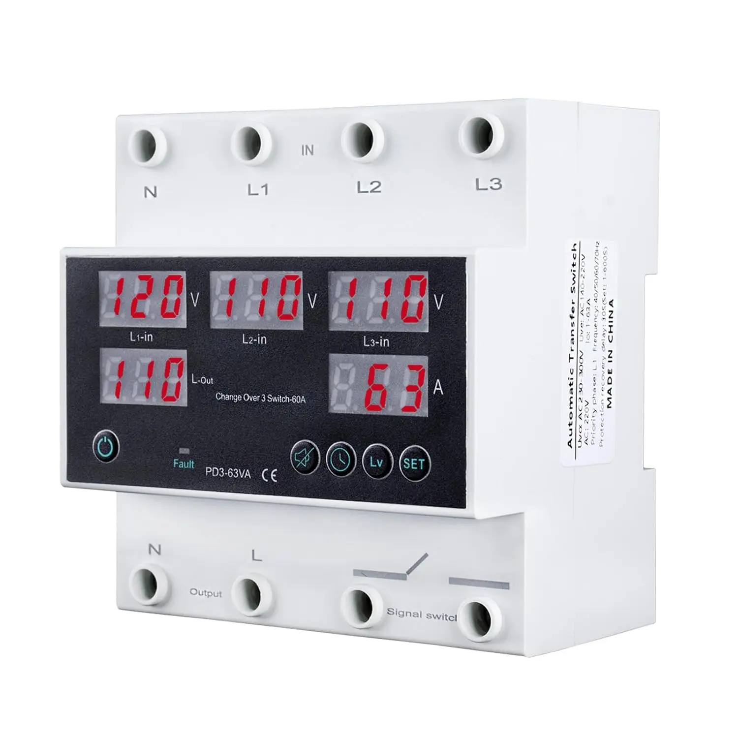 110V 63A Din Rail Mount Automatic Transfer Switch for Generator & AC Power Supply - Real-Time Monitoring, LED Display, Adjustable Parameters, Comprehensive Protection Against Fluctuations