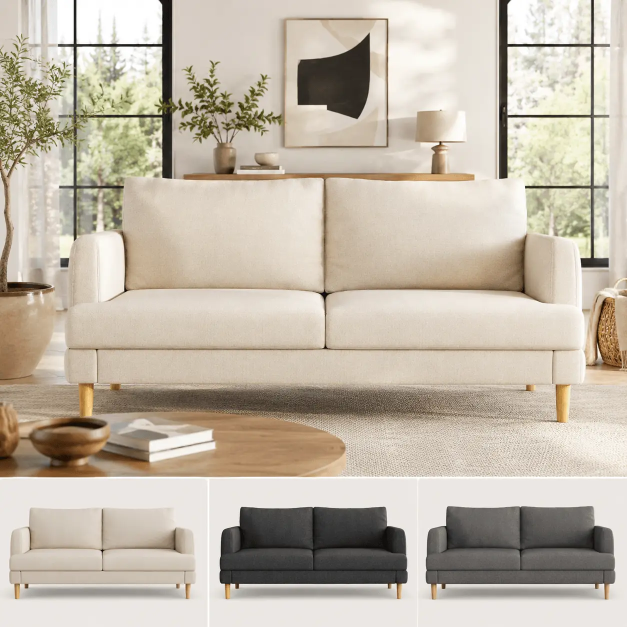 70" Smart Mid-Century Modern 2-Seater Sofa Loveseat, Fabric Couch with USB & Type-C Charging Ports, Sleek Track Arm Apartment Sofa with Pocket Spring Base for Living Room, Office, Cozy Beige,Black,Dark Gray
