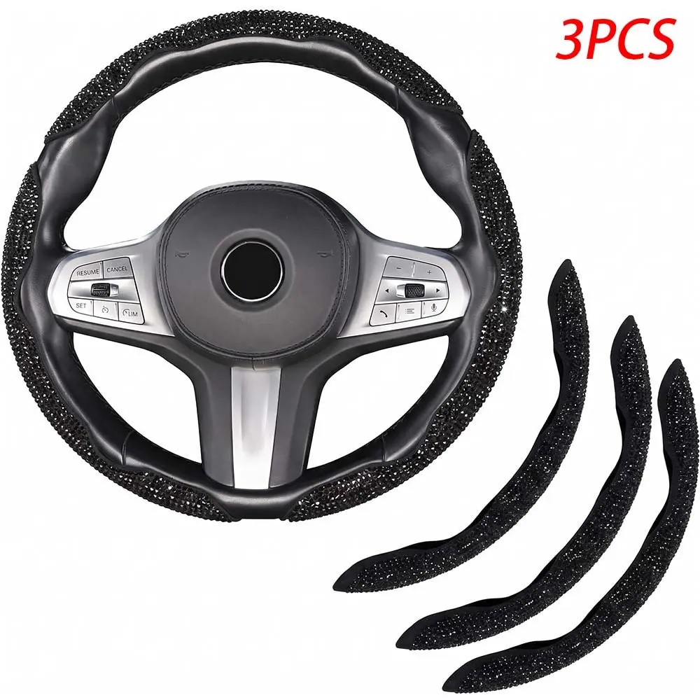 Diamond Sparkling Car Steering Wheel Cover Set, Crystal Artificial Diamonds, 3-Piece Segmented, Fits 99% Models, Blue, Car Accessories