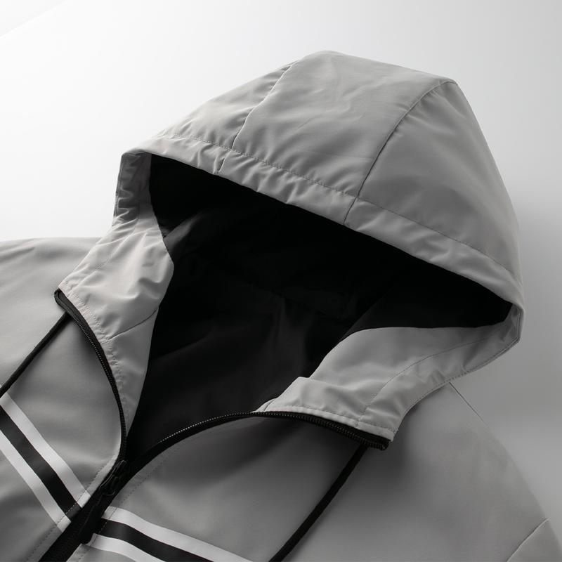 Men's double-strip reflective hooded racing jacket, light windproof fabric, zipper pocket, street function wind, daily commuting adaptation, trendy personality