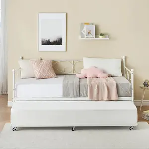 Metal Daybed with Trundle,Metal Sofa Bed with Pull-Out Trundle, Twin Trundle Bed Frame with Lockable Casters, Daybed for Living Room, Bedroom,White, easy installation