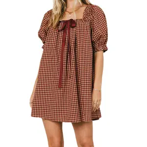 Women Plaid Summer Dress Loose Bow Square Neck Puff Sleeve Short Dress for Daily Travel
