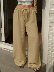 Women's Elastic Waist Drawstring Wide Leg Pants Linen Blend Lightweight Casual Trousers Trendy Loose Fit Neutral Vacation Daily Wear Loungewear Palazzo Pants Oversized Relaxed Bottoms #summeroutfits #grungefashion #fyp  #springsaledeals2026