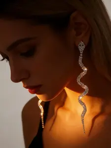 1 pair of gorgeous silver imitation crystal snake shaped pendant earrings, long rhinestone tassel earrings, perfect for parties, nightclubs, and nightlife